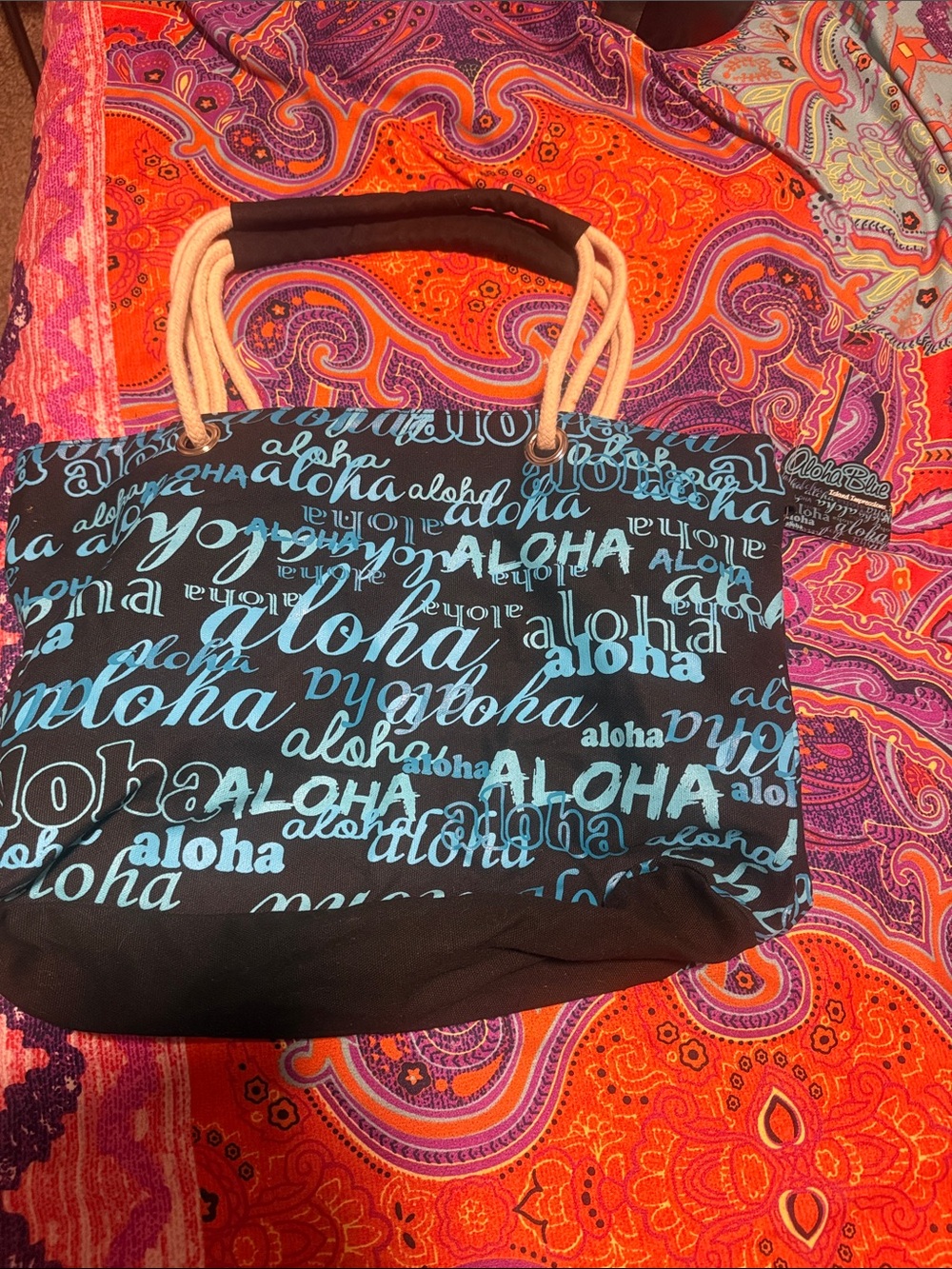 Aloha Print Beach Tote Bag in Black & Aqua